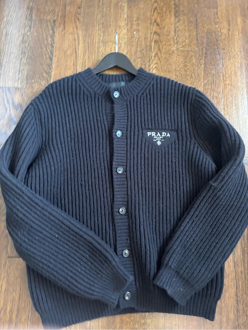 Prada Men’s Black Ribbed Wool Cardigan Size Large.